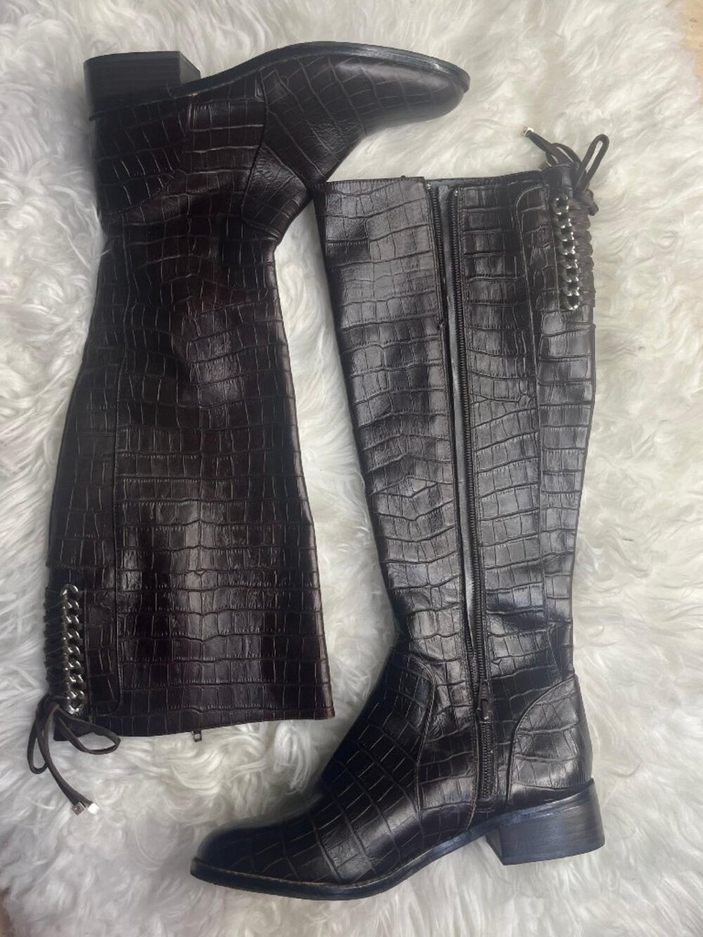 Antonio Melani NWOT Brown Croc Embossed Leather Knee High Chain Lace Up Boots 6M